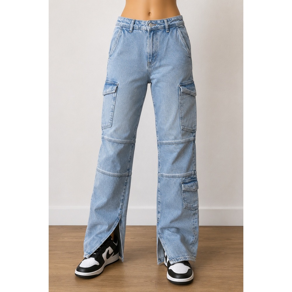 Zara Light Wash Denim Cargo Pants Straight Leg Seam Detail Side‎ Slits Blue Sz 4